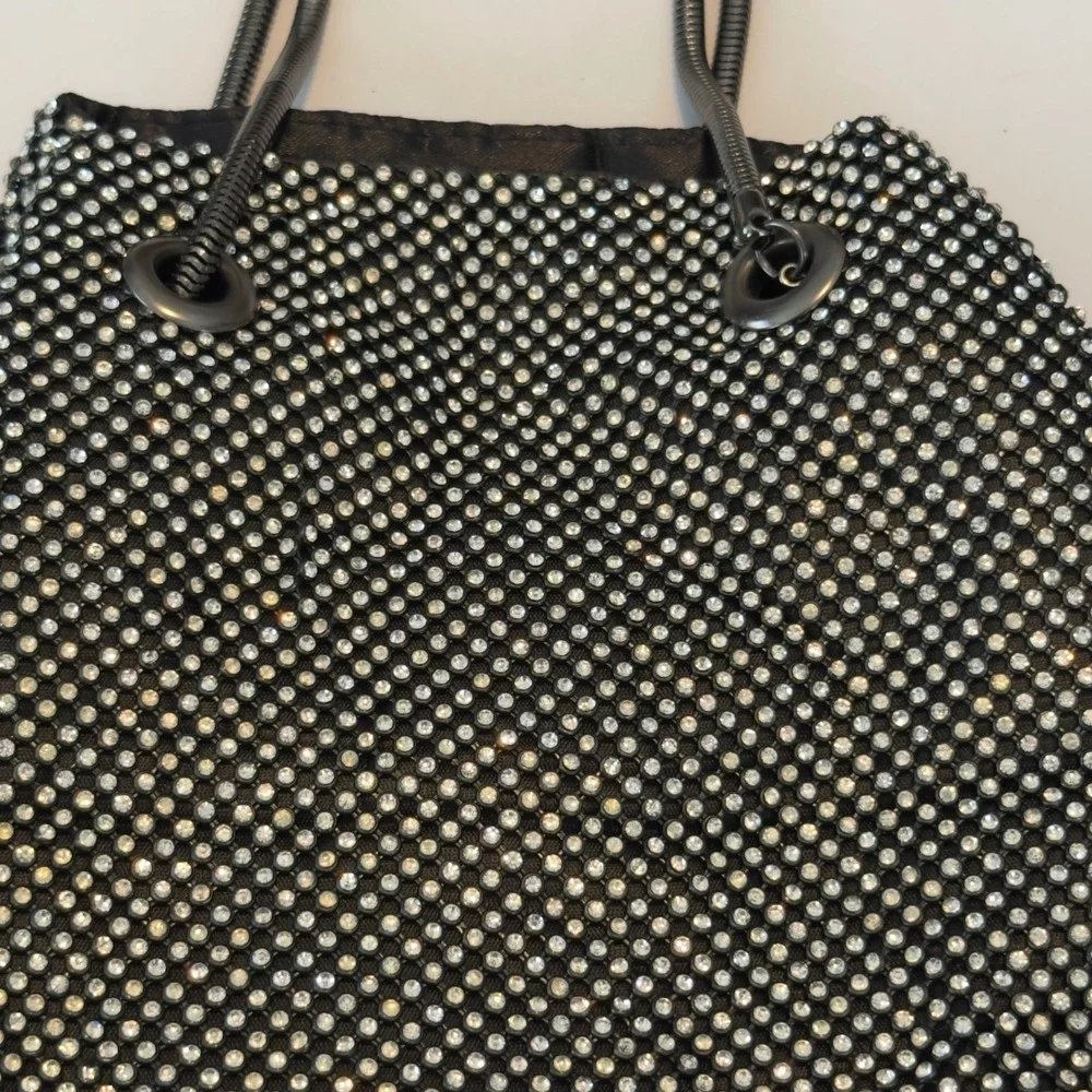 Rhinestone Mesh Evening Bag Silver Black Sparkl Snake Chain Handle Slouchy Pouch